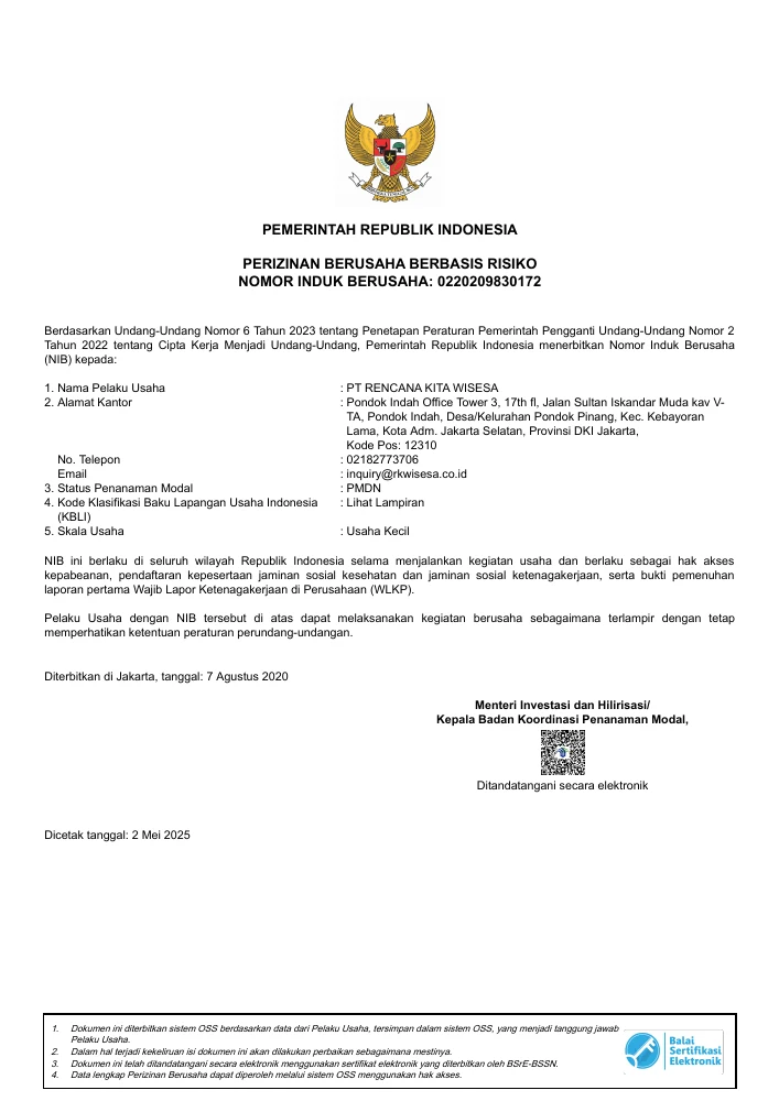 First-page preview of the current PT Rencana Kita Wisesa NIB document.